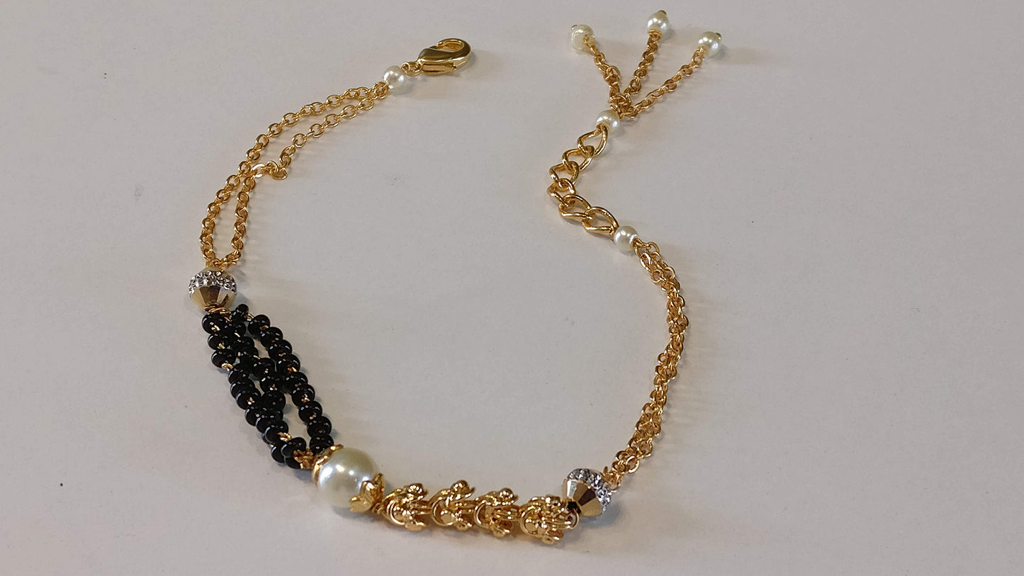 Three Beads Pearl Copper Gold Black Slider Hand Mangalsutra