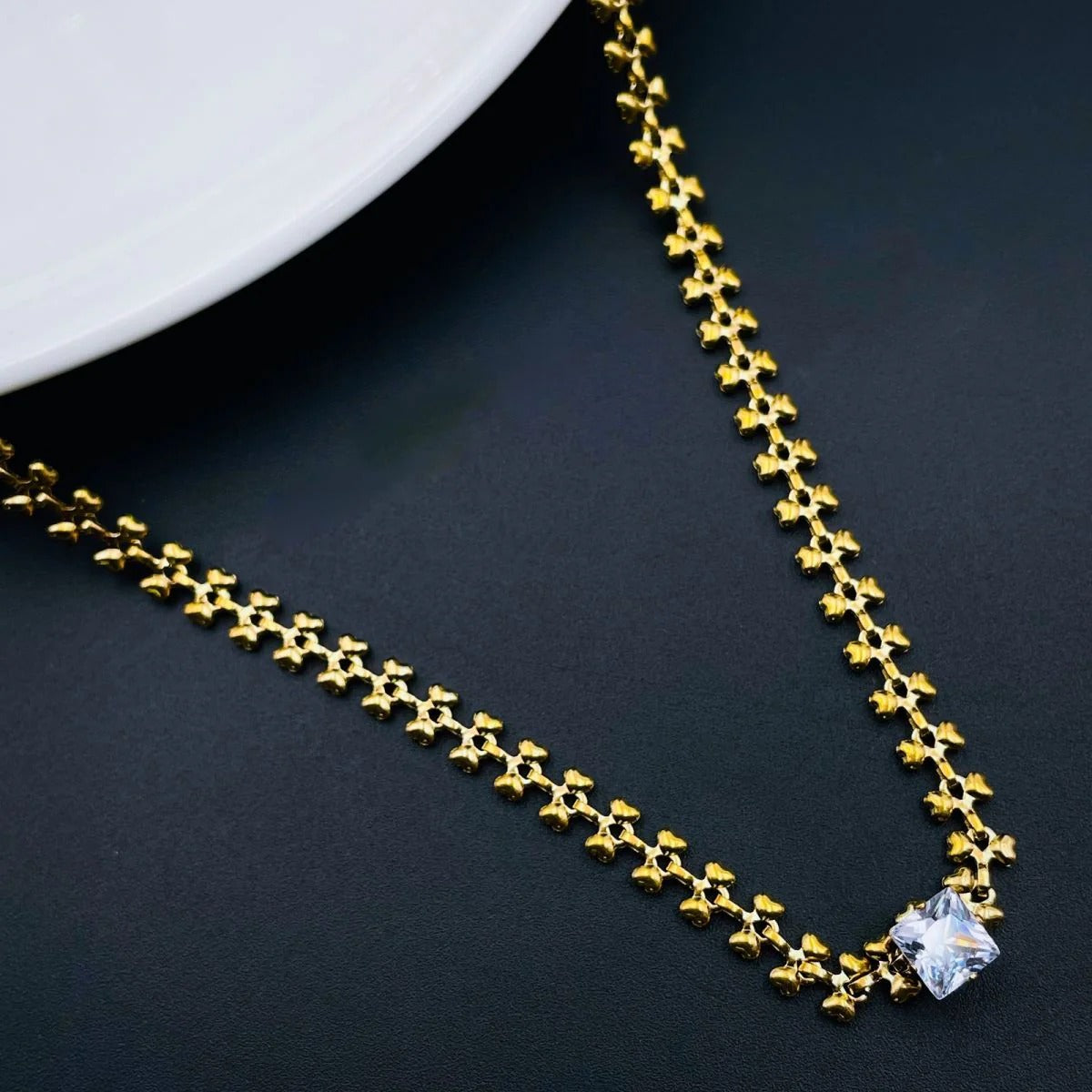 Princess Cut Cubic Zirconia Gold SS Necklace Chain