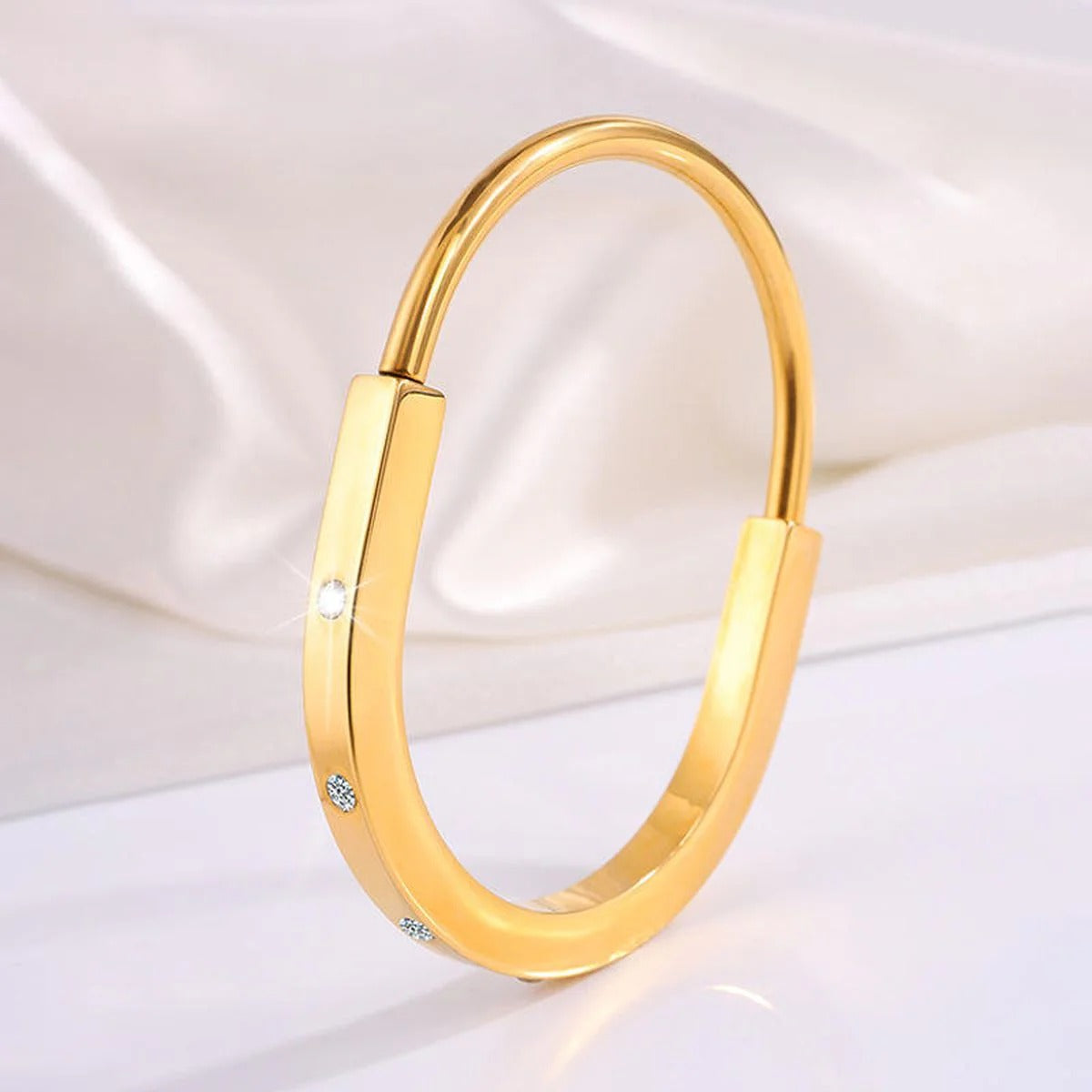 Cubic Zirconia Lock Gold SS Anti-Tarnish Cuff Bracelet