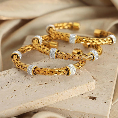 Cubic Zirconia Mesh Gold-Silver SS Anti Tarnish Cuff Bracelet