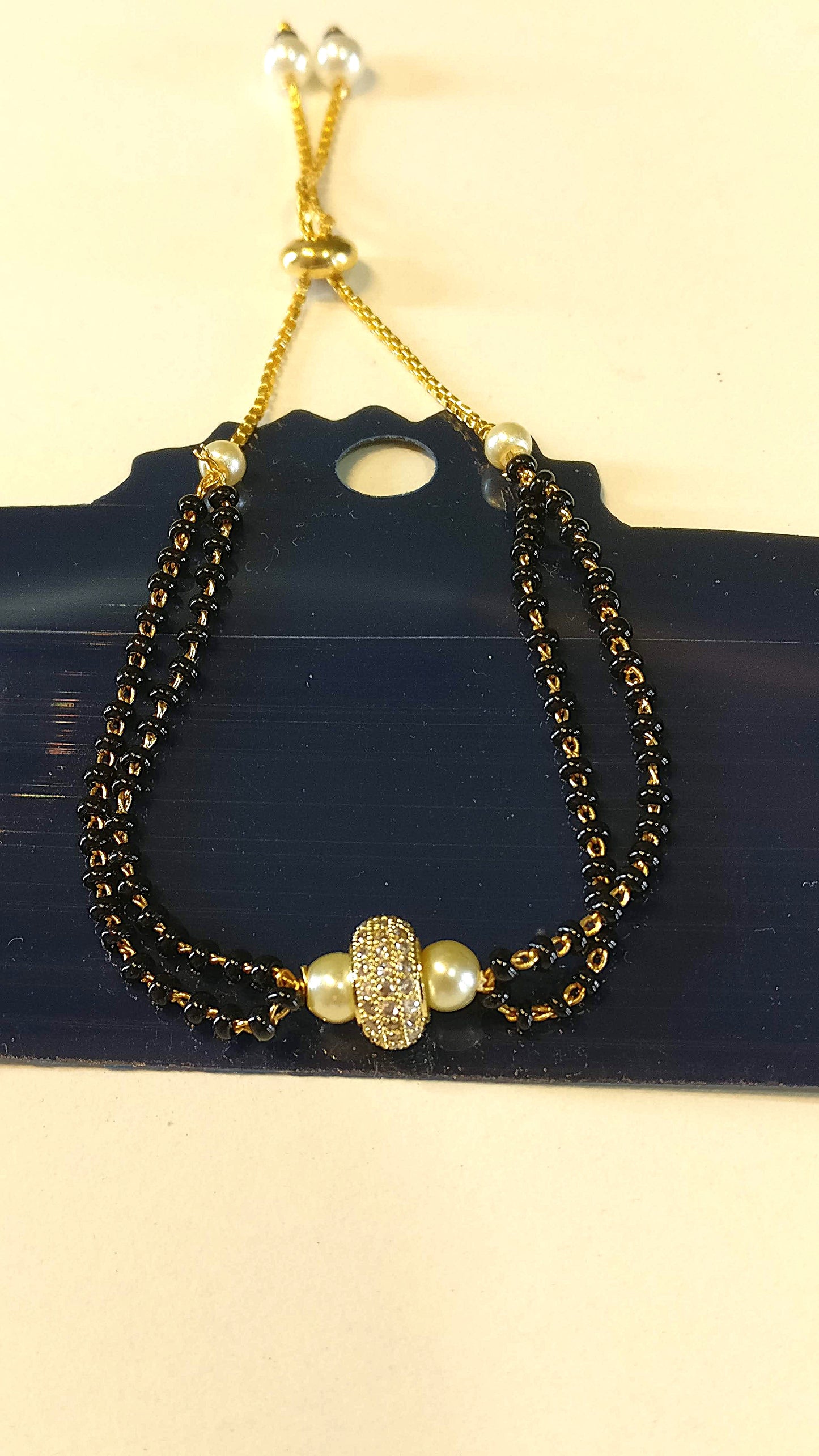 Beads Pearl American Diamond Copper Gold Black Slider Hand Mangalsutra