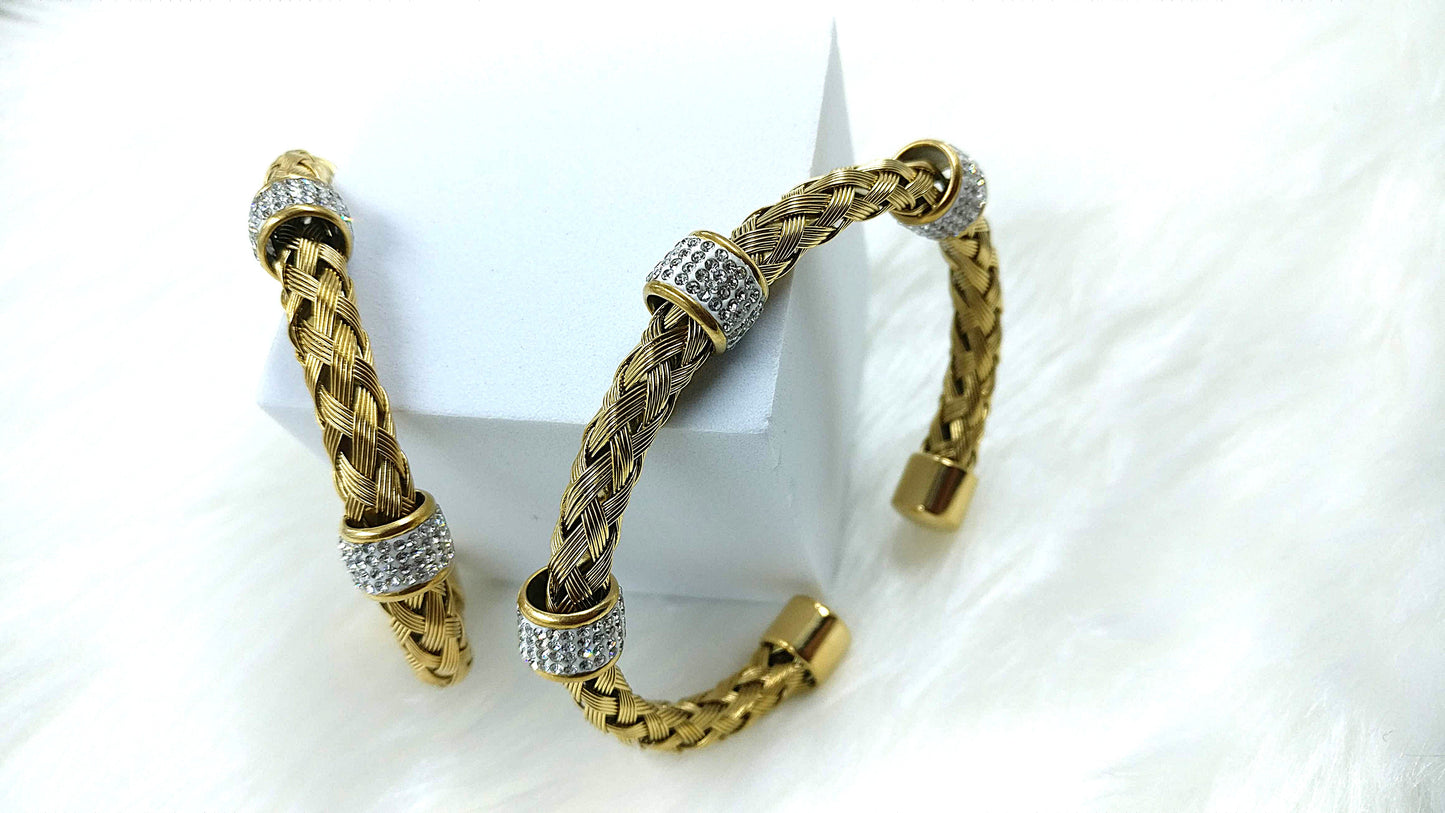 Cubic Zirconia Mesh Gold-Silver SS Anti Tarnish Cuff Bracelet